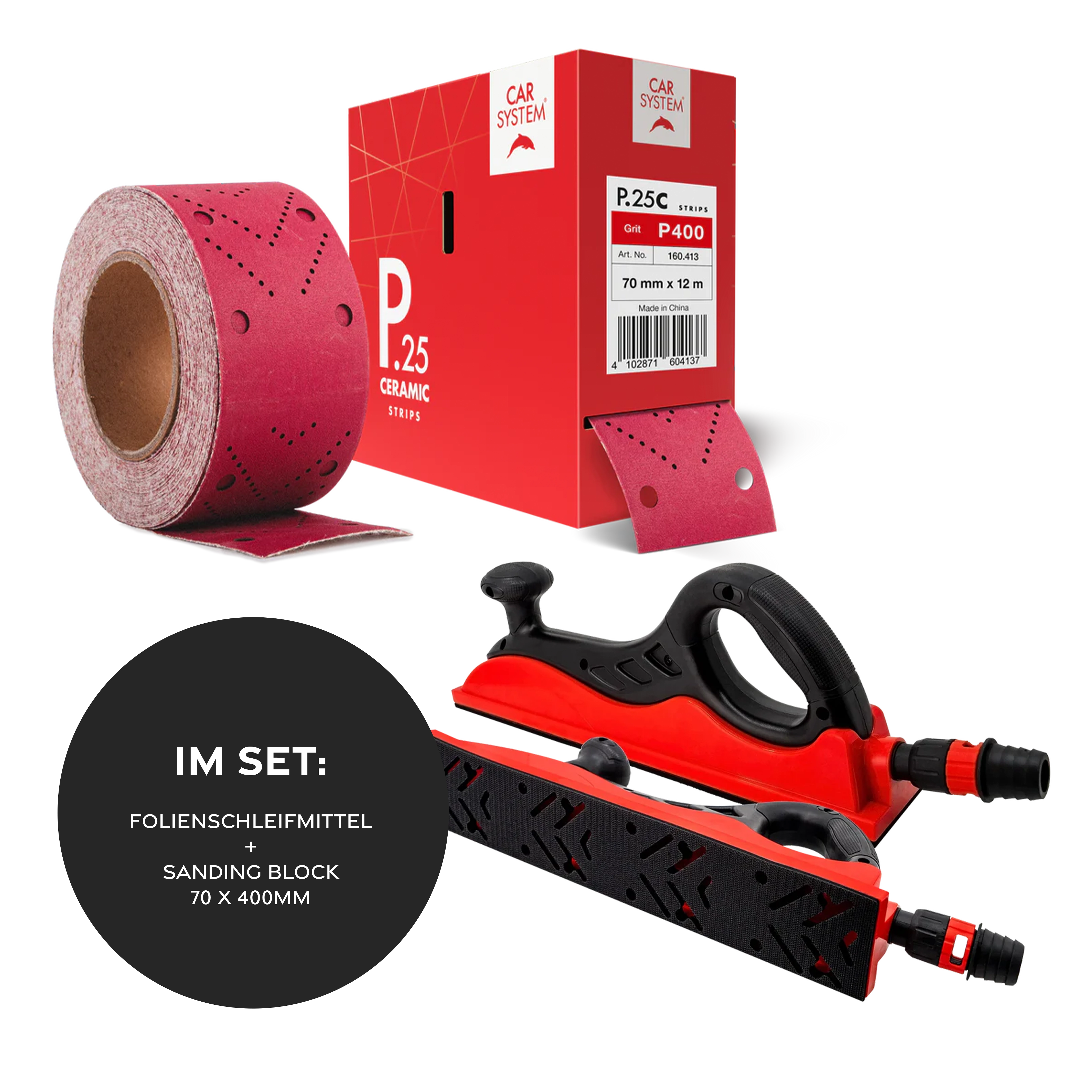 Carsystem P80 / Folienschleifmittel + 1 Sanding Block 70x400 mm Carsystem SANDING STRIPS P.25 CERAMIC Papierschleifmittel Rolle 70 mm x 12m