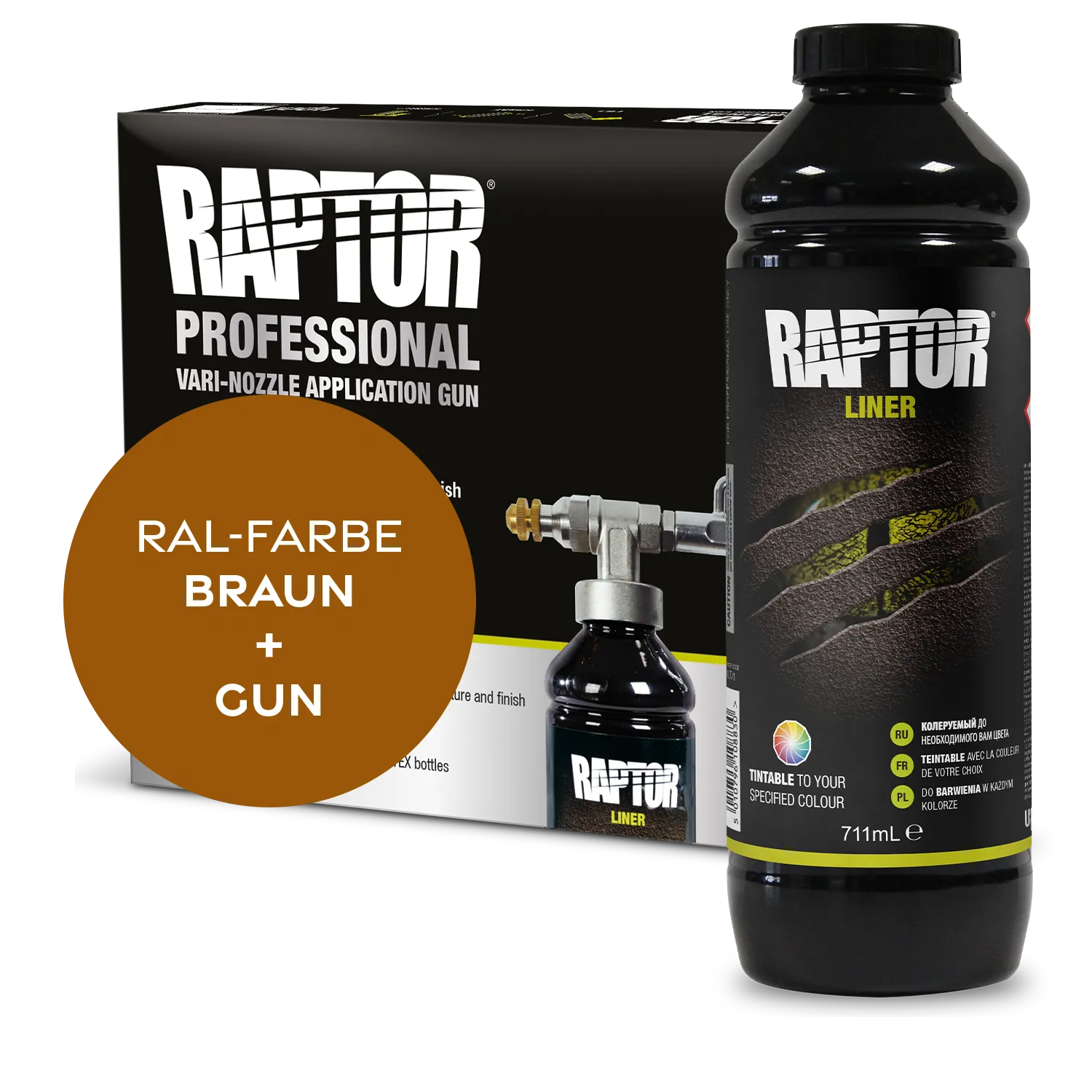 Raptor RAL 8000 - Grünbraun / 1er Flaschen-KIT / Raptor Spraygun RAPTOR Liner Flaschen-Kit RAL-Farben Braun