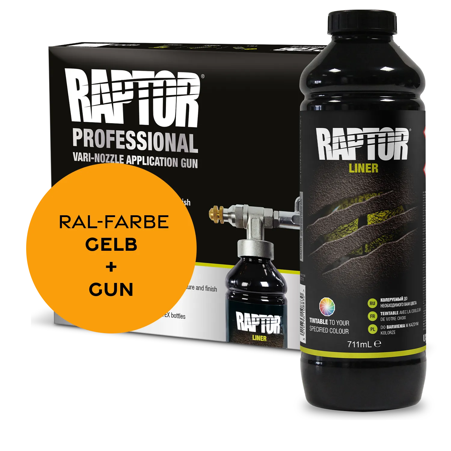 Raptor RAL 2000 - Gelborange / 1er Flaschen-KIT / Raptor Spraygun RAPTOR Liner Flaschen-Kit RAL-Farben Orange