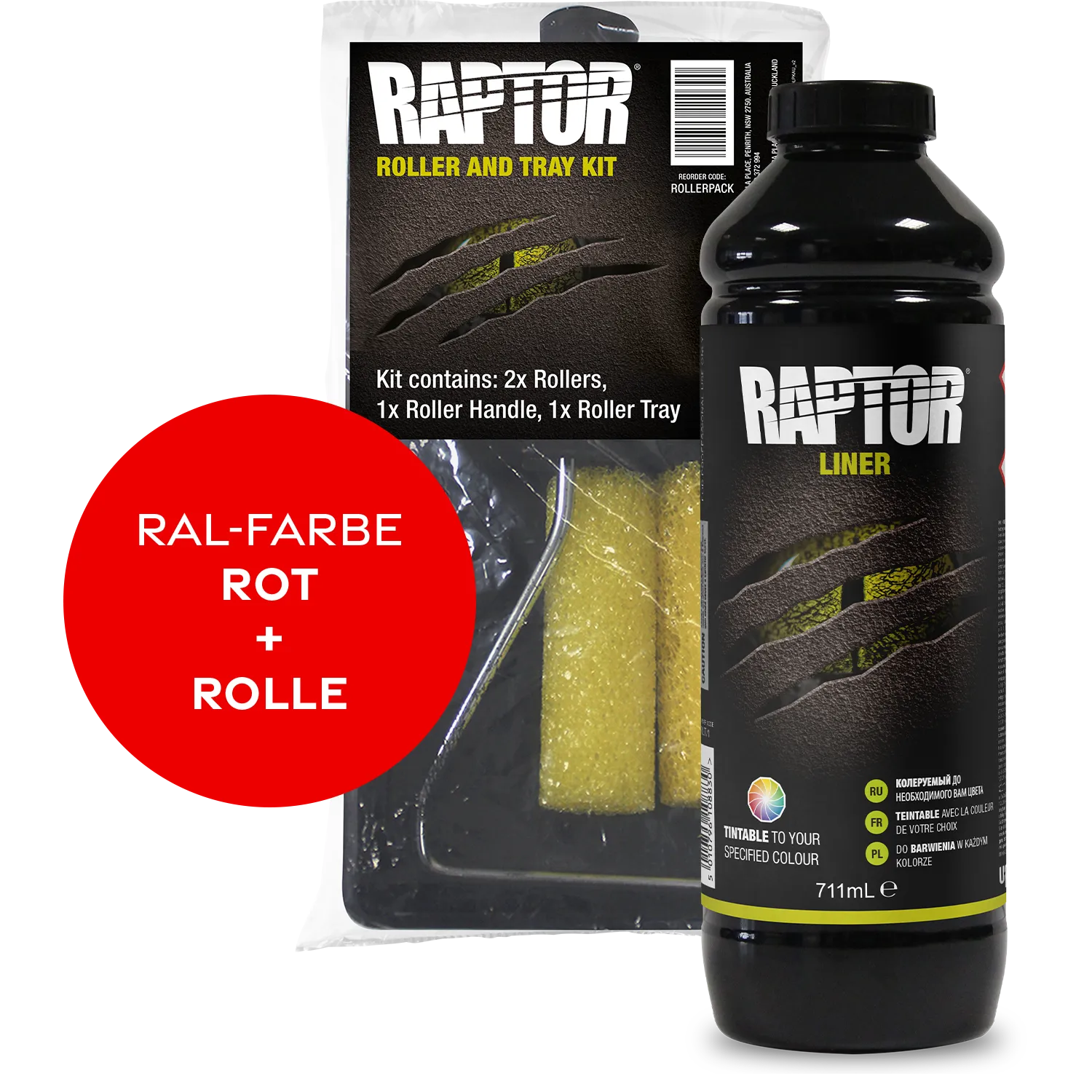Raptor RAL 3000 - Feuerrot / 1er Flaschen-KIT / Raptor Roller Kit RAPTOR Liner Flaschen-Kit RAL-Farben Rot