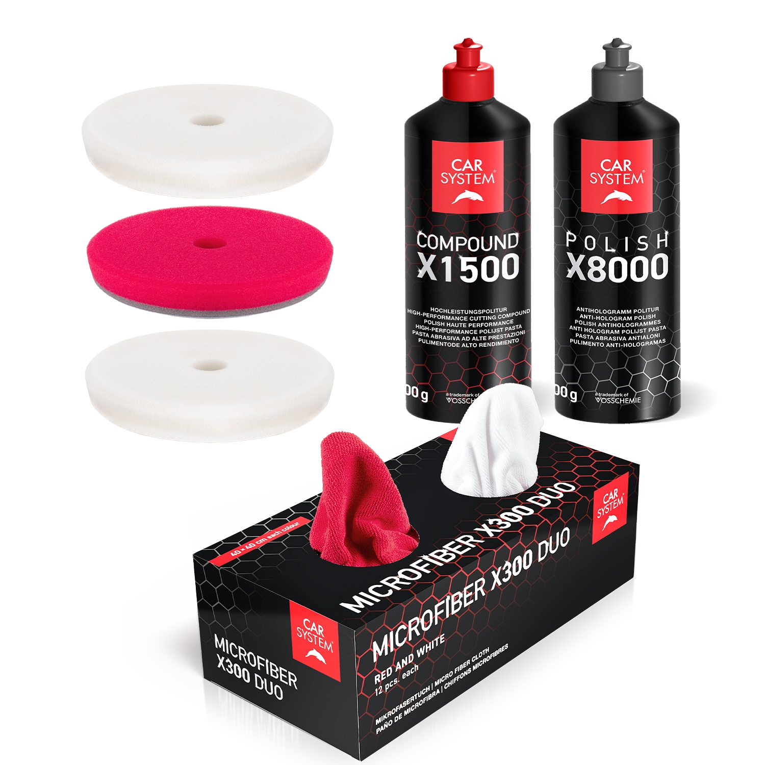 Carsystem Full Kit: X1500 HC + X8000 AH + 3 Pads + Mikrofasertücher Box Carsystem Compound X1500 HC Schleifpolitur 500 g