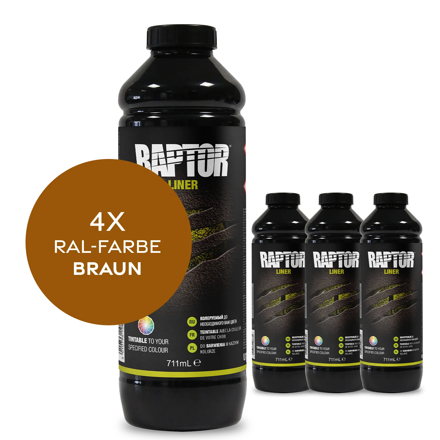 Raptor RAL 8000 - Grünbraun / 4er Flaschen-KIT / ohne RAPTOR Liner Flaschen-Kit RAL-Farben Braun