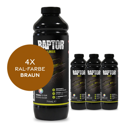 Raptor RAL 8000 - Grünbraun / 4er Flaschen-KIT / ohne RAPTOR Liner Flaschen-Kit RAL-Farben Braun