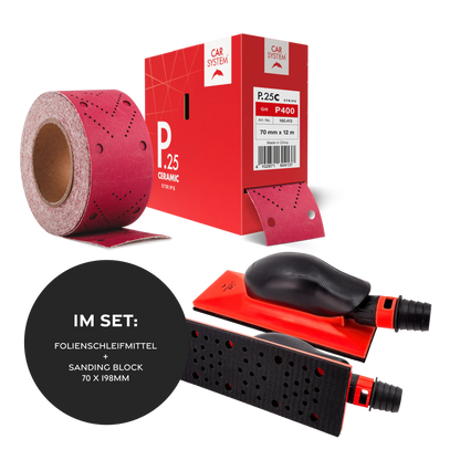 Carsystem P80 / Folienschleifmittel + 1 Sanding Block 70x198 mm Carsystem SANDING STRIPS P.25 CERAMIC Papierschleifmittel Rolle 70 mm  x 12m