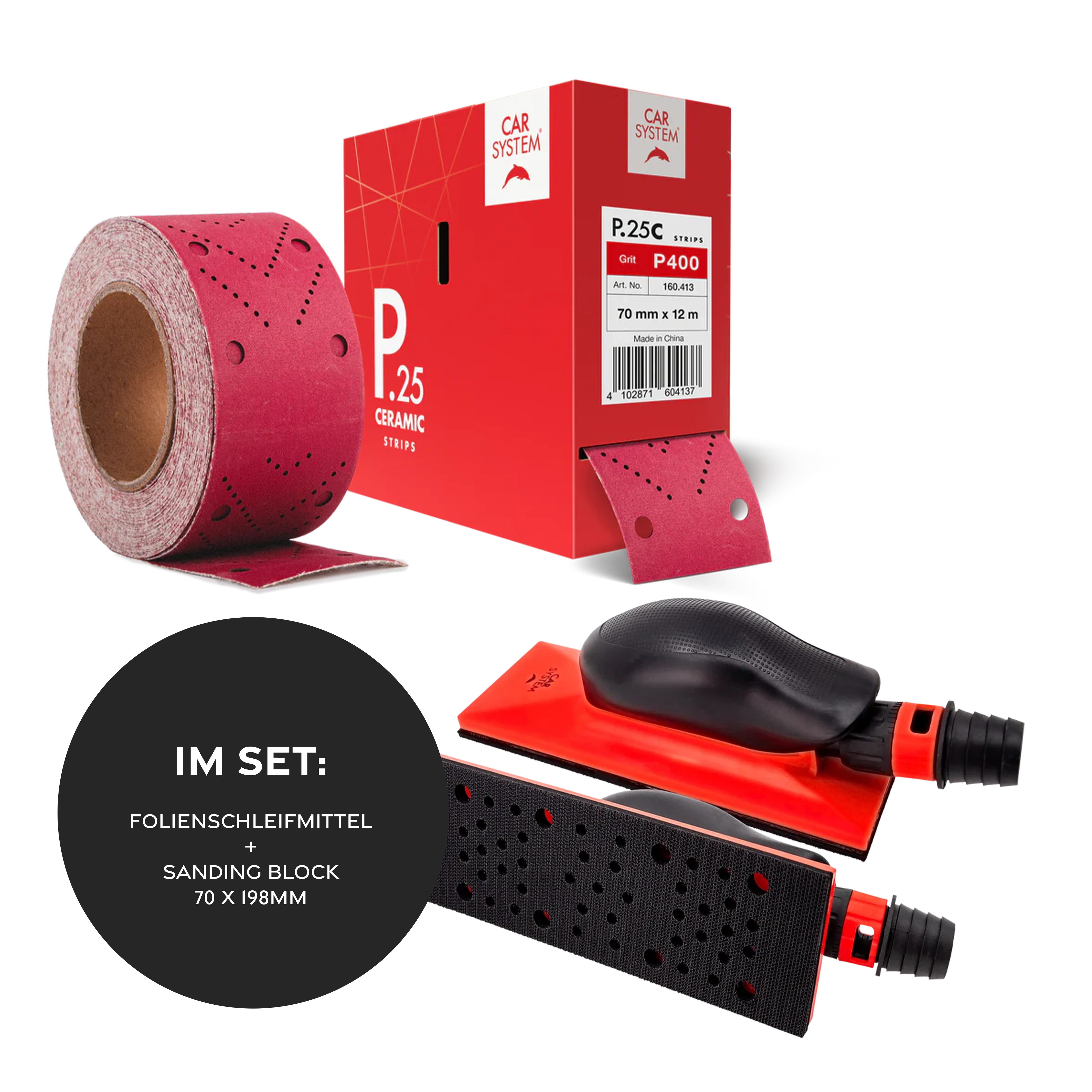 Carsystem P80 / Folienschleifmittel + 1 Sanding Block 70x198 mm Carsystem SANDING STRIPS P.25 CERAMIC Papierschleifmittel Rolle 70 mm  x 12m