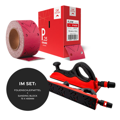 Carsystem P80 / Folienschleifmittel + 1 Sanding Block 70x400 mm Carsystem SANDING STRIPS P.25 CERAMIC Papierschleifmittel Rolle 70 mm  x 12m