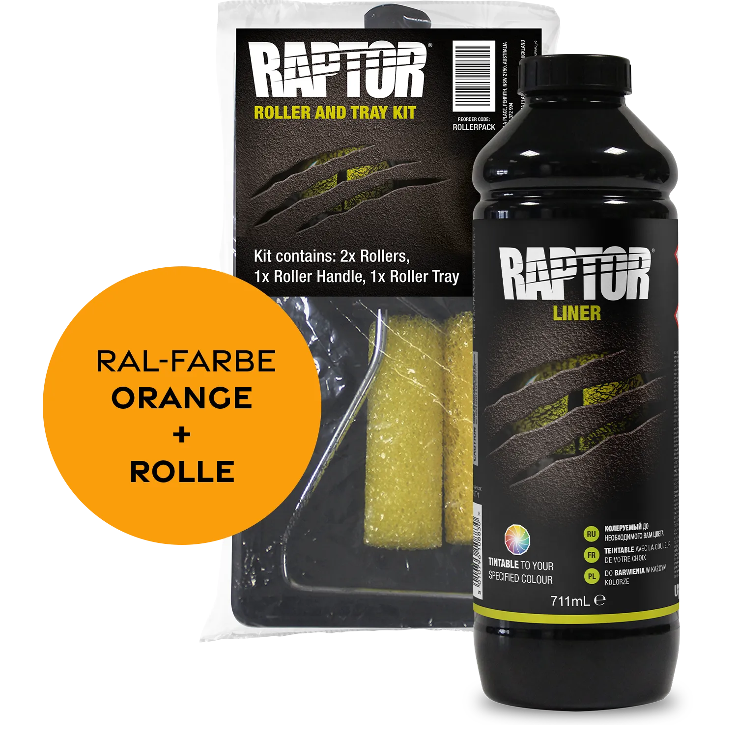 Raptor RAL 2000 - Gelborange / 1er Flaschen-KIT / Raptor Roller Kit RAPTOR Liner Flaschen-Kit RAL-Farben Orange
