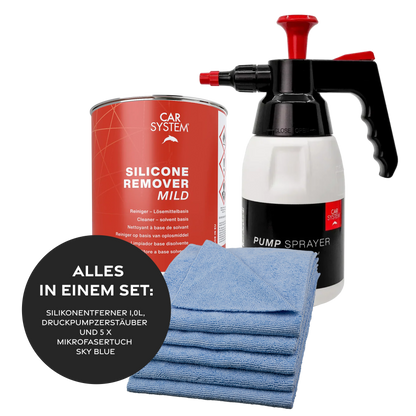 Carsystem Set: Silikonentferner 1L + Druckpumpzerstäuber + 5 x Mikrofasertuch Sky Blue Carsystem Silikonentferner Entfetter 1,0L