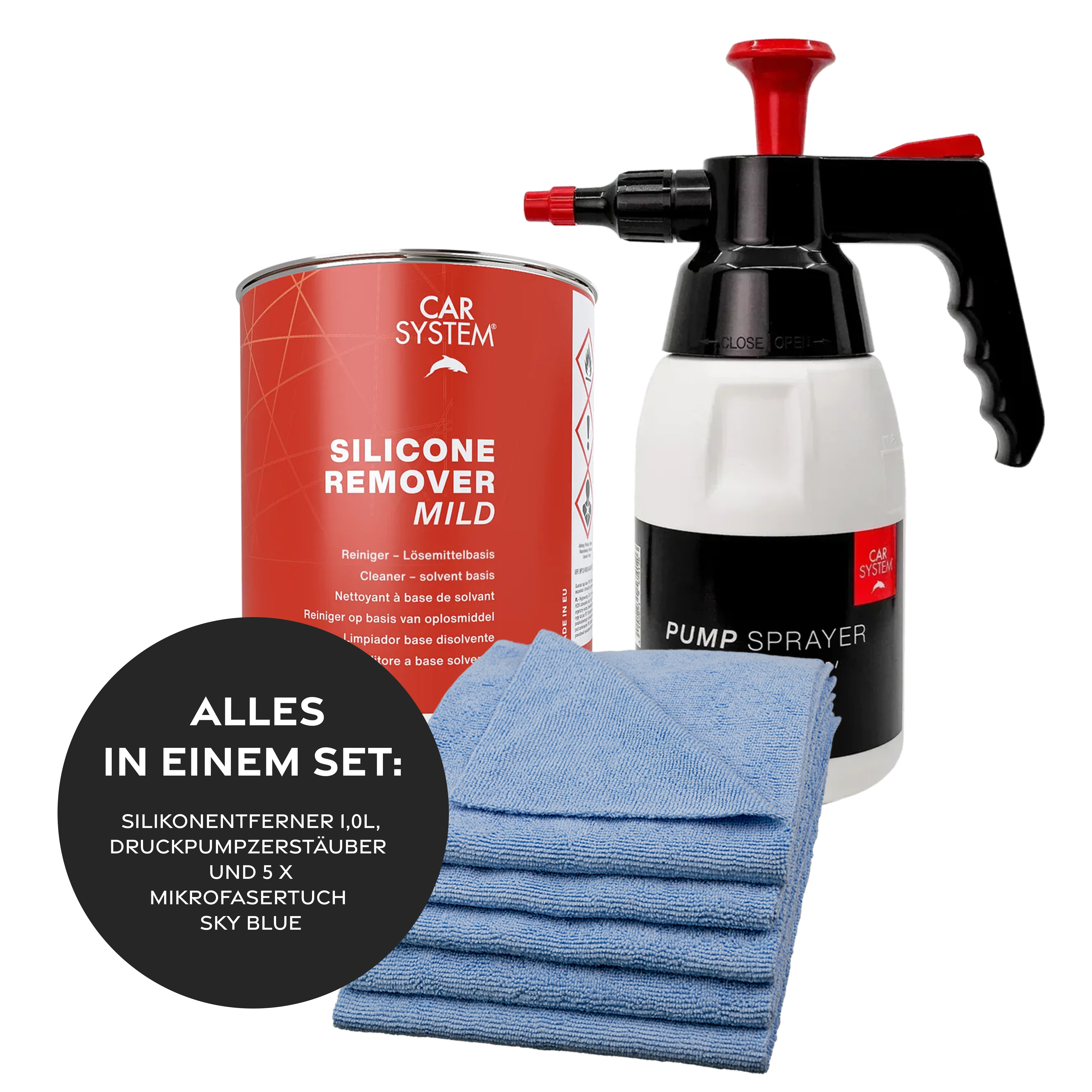 Carsystem Set: Silikonentferner 1L + Druckpumpzerstäuber + 5 x Mikrofasertuch Sky Blue Carsystem Silikonentferner Entfetter 1,0L