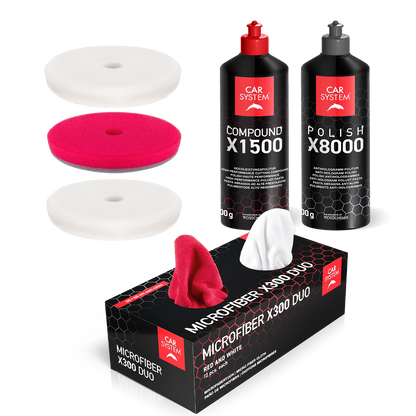 Carsystem Full Kit: X1500 HC + X8000 AH + 3 Pads + Mikrofasertücher Box Carsystem Compound X1500 HC Schleifpolitur 500 g
